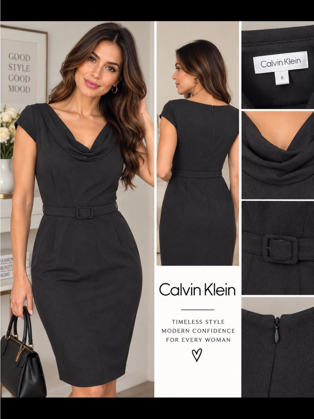 Calvin Klein Women’s Black Cowl Neck Belted Sheath Dress Size 8 NWT 38.5”